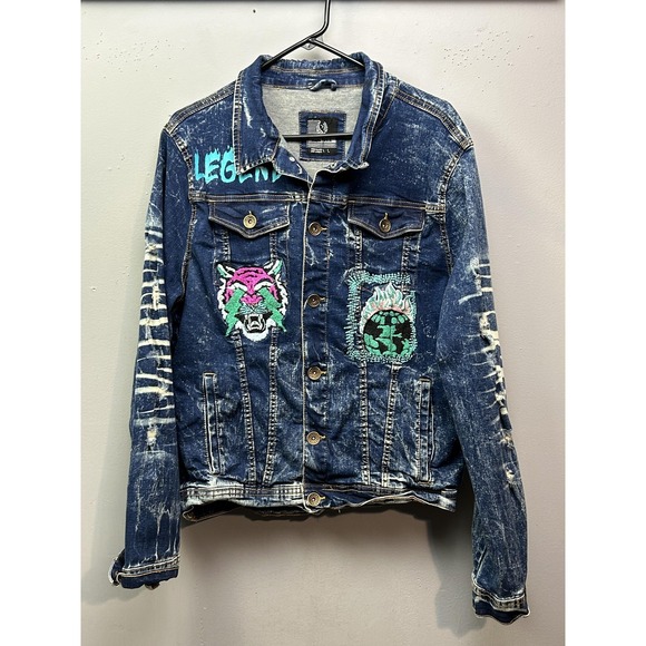 Black Pike Jacket Mens Medium Distressed Denim Trucker Embroidered Tiger Legend - Picture 2 of 9